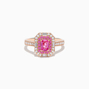 The 14K Rose Gold Pink Sapphire and Diamond Double Halo Ring showcases a rectangular pink sapphire center with a double halo of pink and white diamonds, plus diamond accents on the band.