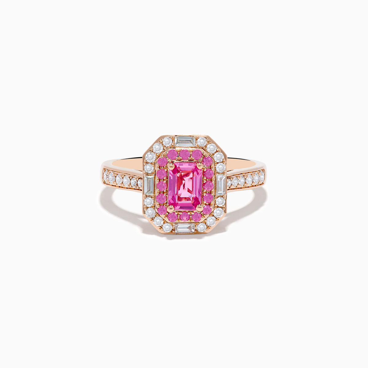 The 14K Rose Gold Pink Sapphire and Diamond Double Halo Ring showcases a rectangular pink sapphire center with a double halo of pink and white diamonds, plus diamond accents on the band.