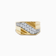 The Mens 14K Yellow Gold and Diamond Ring features a wide band with a diagonal stripe of round diamonds across the center, flanked by polished gold on each side, shown on a white background.