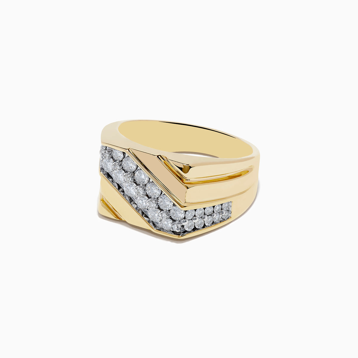 The Mens 14K Yellow Gold and Diamond Ring features a wide band with a diagonal stripe of round diamonds across the center, flanked by polished gold on each side, shown on a white background.