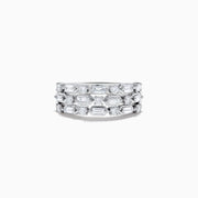The Classique 14K White Gold Multi Shape 3 Row Diamond Band by Effy features alternating round and rectangular diamonds in an intricate, symmetrical design, crafted from 14K white gold and showcased against a white background.