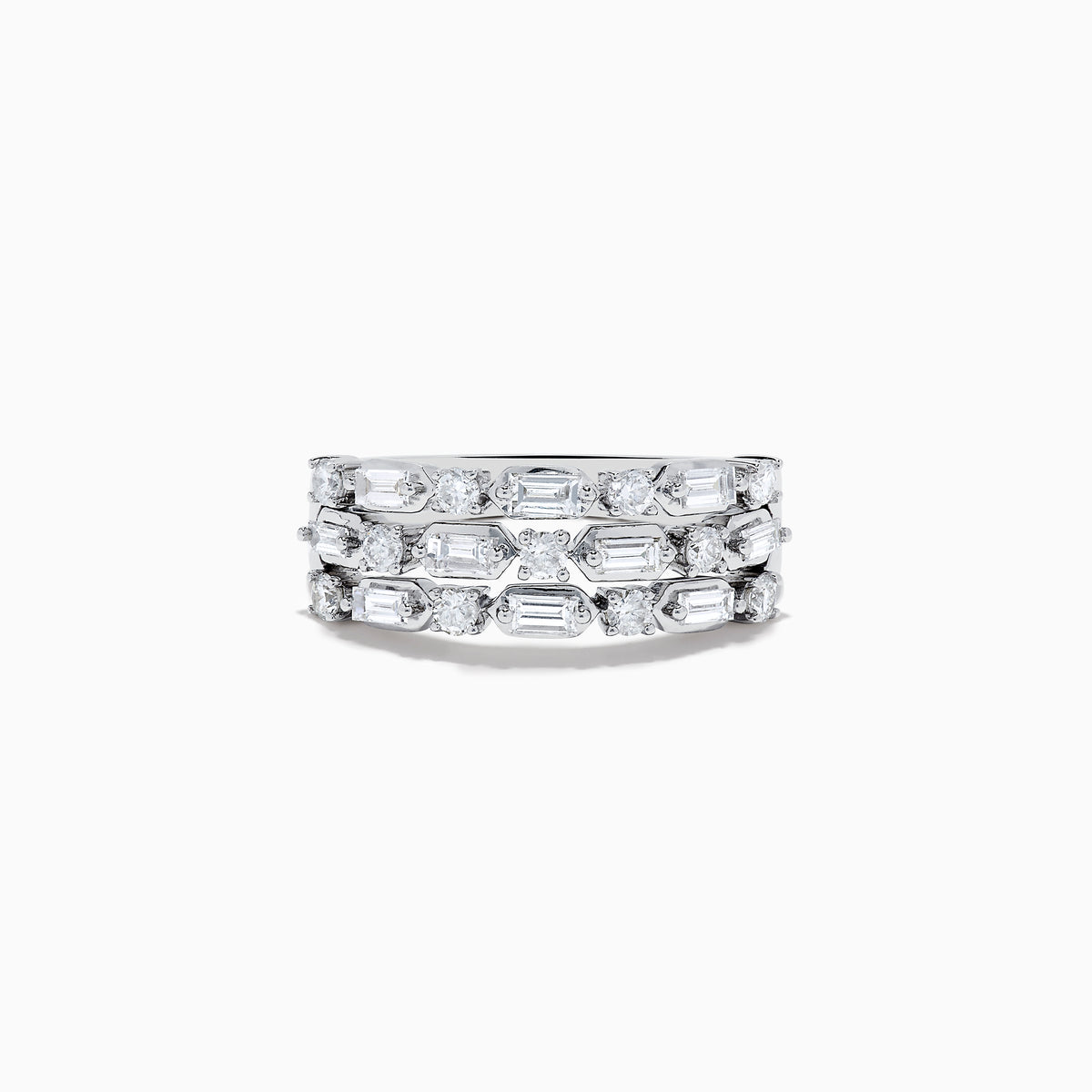 The Classique 14K White Gold Multi Shape 3 Row Diamond Band by Effy features alternating round and rectangular diamonds in an intricate, symmetrical design, crafted from 14K white gold and showcased against a white background.