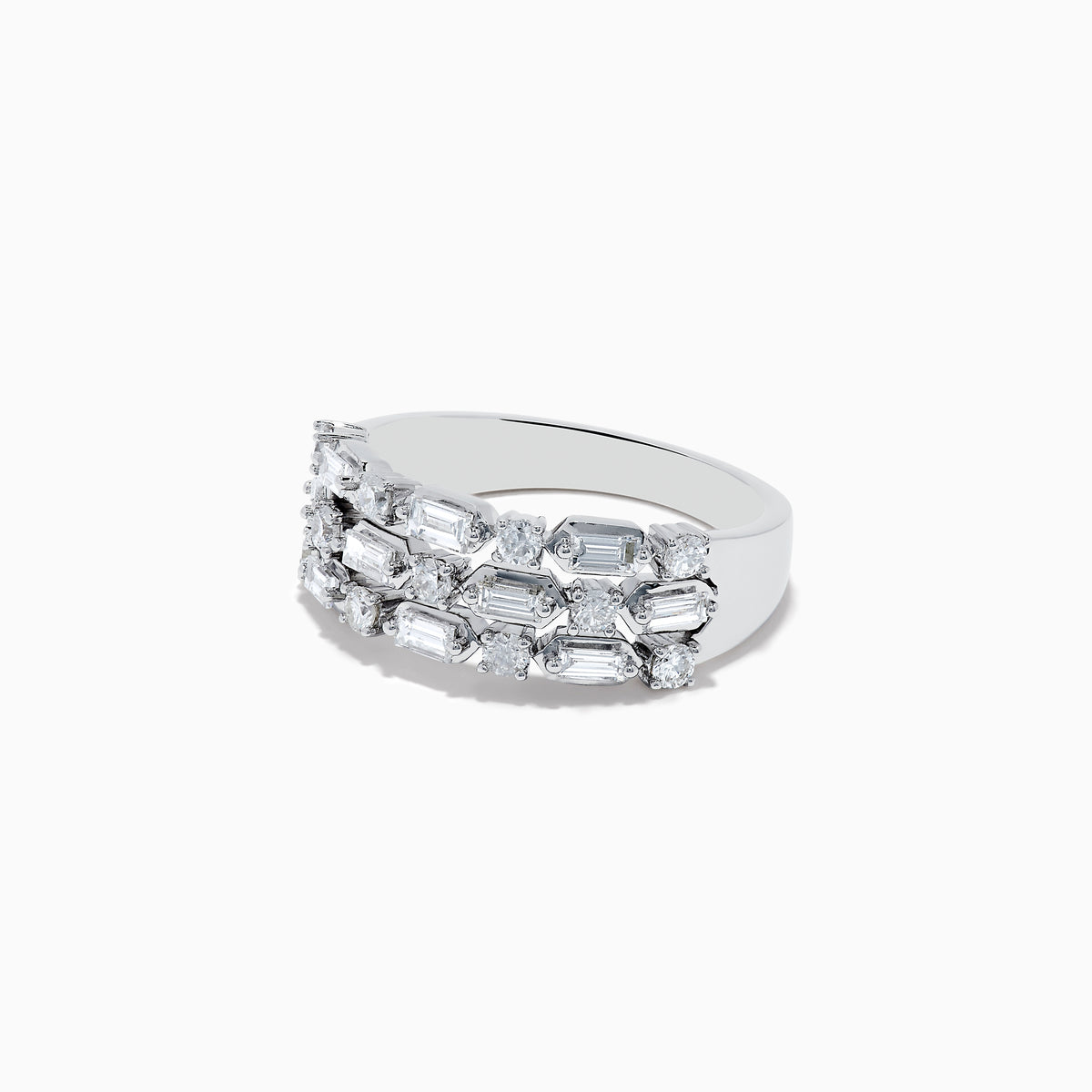 The Classique 14K White Gold Multi Shape 3 Row Diamond Band by Effy features alternating round and rectangular diamonds in an intricate, symmetrical design, crafted from 14K white gold and showcased against a white background.