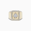 The Casino Mens 14K Yellow Gold Diamond Spade Suit Ring features a rectangular face with a diamond spade center, framed by sparkling diamonds and a sunburst background for a bold, luxurious look.