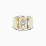 The Casino Mens 14K Yellow Gold Diamond Spade Suit Ring features a rectangular face with a diamond spade center, framed by sparkling diamonds and a sunburst background for a bold, luxurious look.