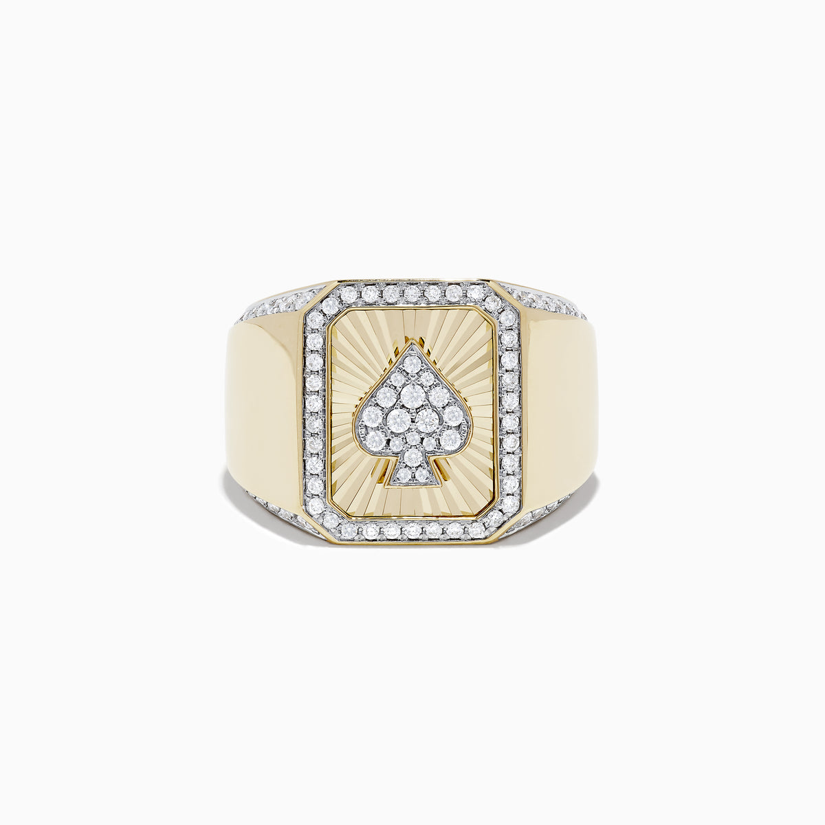 The Casino Mens 14K Yellow Gold Diamond Spade Suit Ring features a rectangular face with a diamond spade center, framed by sparkling diamonds and a sunburst background for a bold, luxurious look.