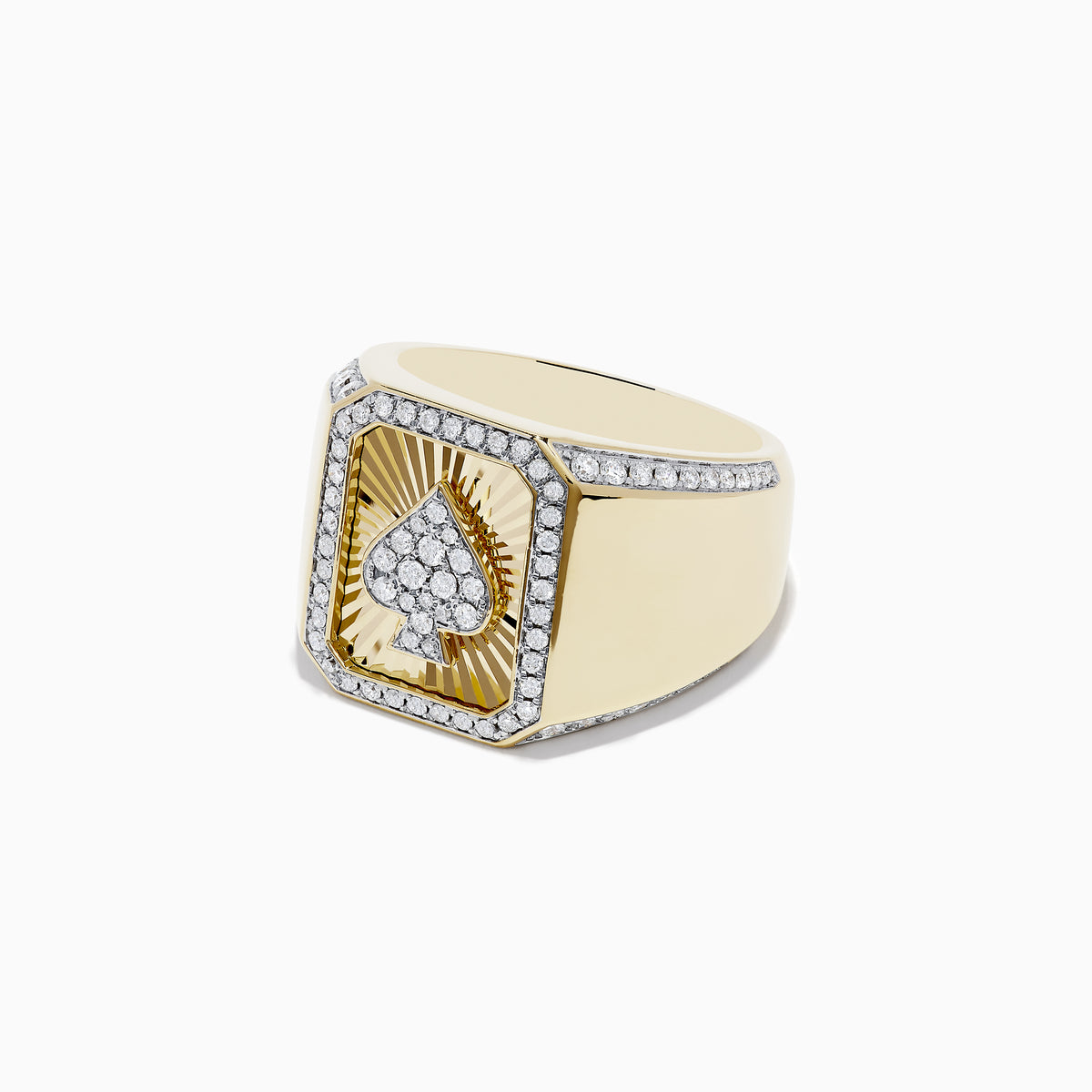 The Casino Mens 14K Yellow Gold Diamond Spade Suit Ring features a rectangular face with a diamond spade center, framed by sparkling diamonds and a sunburst background for a bold, luxurious look.