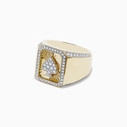 The Casino Mens 14K Yellow Gold Diamond Spade Suit Ring features a rectangular face with a diamond spade center, framed by sparkling diamonds and a sunburst background for a bold, luxurious look.