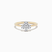 The Casino 14K Yellow Gold Diamond Clubs Suit Ring showcases a clustered white diamond clubs design on the front, set in yellow gold and displayed against a white background.