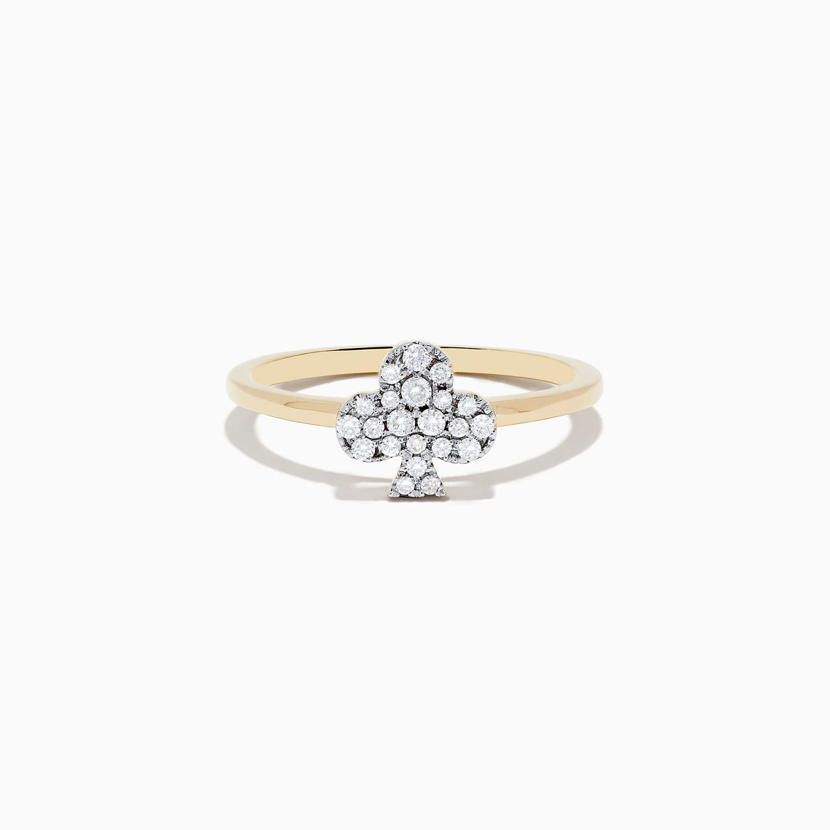 The Casino 14K Yellow Gold Diamond Clubs Suit Ring showcases a clustered white diamond clubs design on the front, set in yellow gold and displayed against a white background.