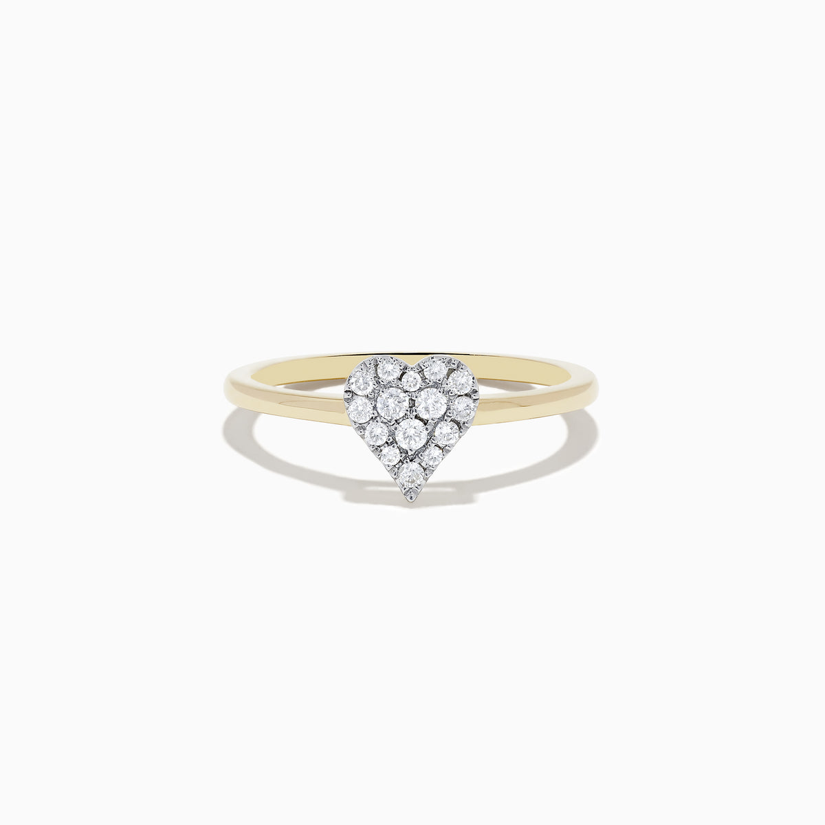 The 14K Yellow Gold Pave Diamond Heart Ring showcases a heart-shaped cluster of sparkling white diamonds on a slim gold band, displayed on a white background.