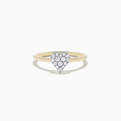 The 14K Yellow Gold Pave Diamond Heart Ring showcases a heart-shaped cluster of sparkling white diamonds on a slim gold band, displayed on a white background.