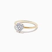 The 14K Yellow Gold Pave Diamond Heart Ring showcases a heart-shaped cluster of sparkling white diamonds on a slim gold band, displayed on a white background.