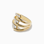 The DOro 14K Yellow Gold Diamond Ring features three angled open bands, each adorned with a row of sparkling round diamonds, in a bold and modern design.