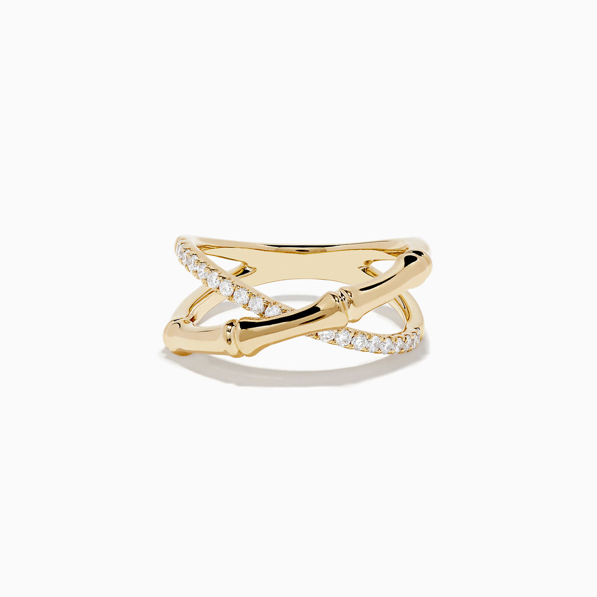 The DOro 14K Yellow Gold Diamond Criss Cross Bamboo Ring features a polished band crossed with a bamboo-textured band adorned with sparkling diamonds.