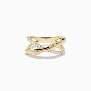 The DOro 14K Yellow Gold Diamond Criss Cross Bamboo Ring features a polished band crossed with a bamboo-textured band adorned with sparkling diamonds.