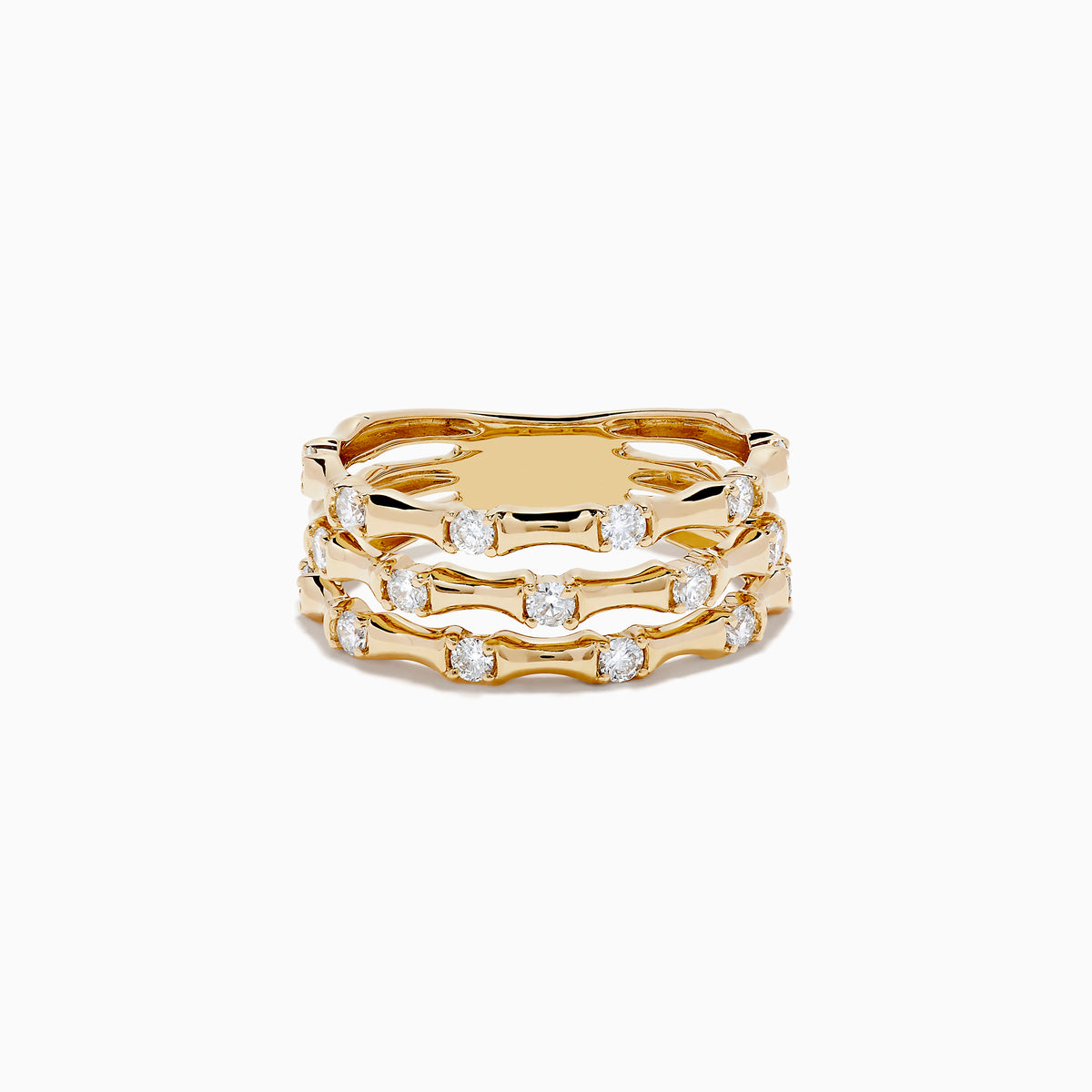 The DOro 14K Yellow Gold Diamond Bamboo Ring (0.50 TCW) features a bamboo-inspired design with three stacked bands, each set with round diamonds in a wavy pattern, shown against a plain white background.