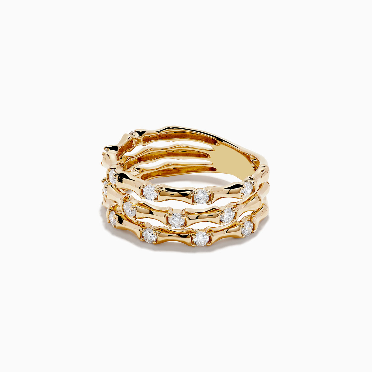 The DOro 14K Yellow Gold Diamond Bamboo Ring (0.50 TCW) features a bamboo-inspired design with three stacked bands, each set with round diamonds in a wavy pattern, shown against a plain white background.
