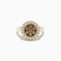 The 14K Yellow Gold Espresso and White Diamond Ring features a round cluster of espresso diamonds encircled by white stones on a plain band—an elegant ring with a unique twist.