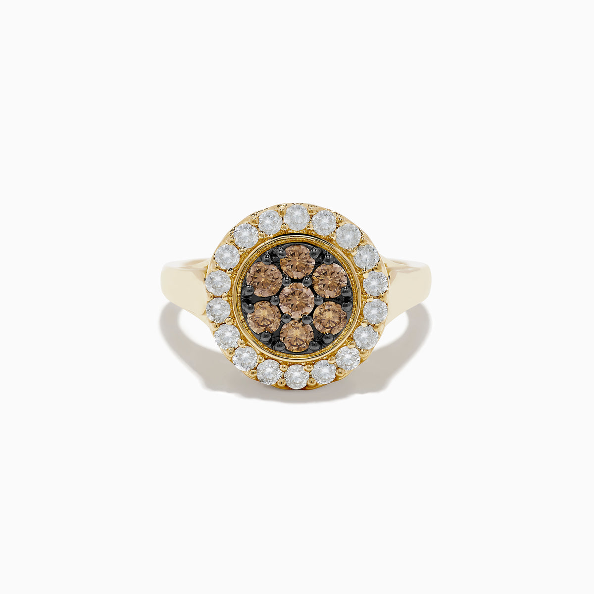 The 14K Yellow Gold Espresso and White Diamond Ring features a round cluster of espresso diamonds encircled by white stones on a plain band—an elegant ring with a unique twist.
