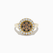 The 14K Yellow Gold Espresso and White Diamond Ring features a round cluster of espresso diamonds encircled by white stones on a plain band—an elegant ring with a unique twist.