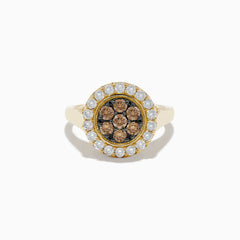 The 14K Yellow Gold Espresso and White Diamond Ring features a round cluster of espresso diamonds encircled by white stones on a plain band—an elegant ring with a unique twist.