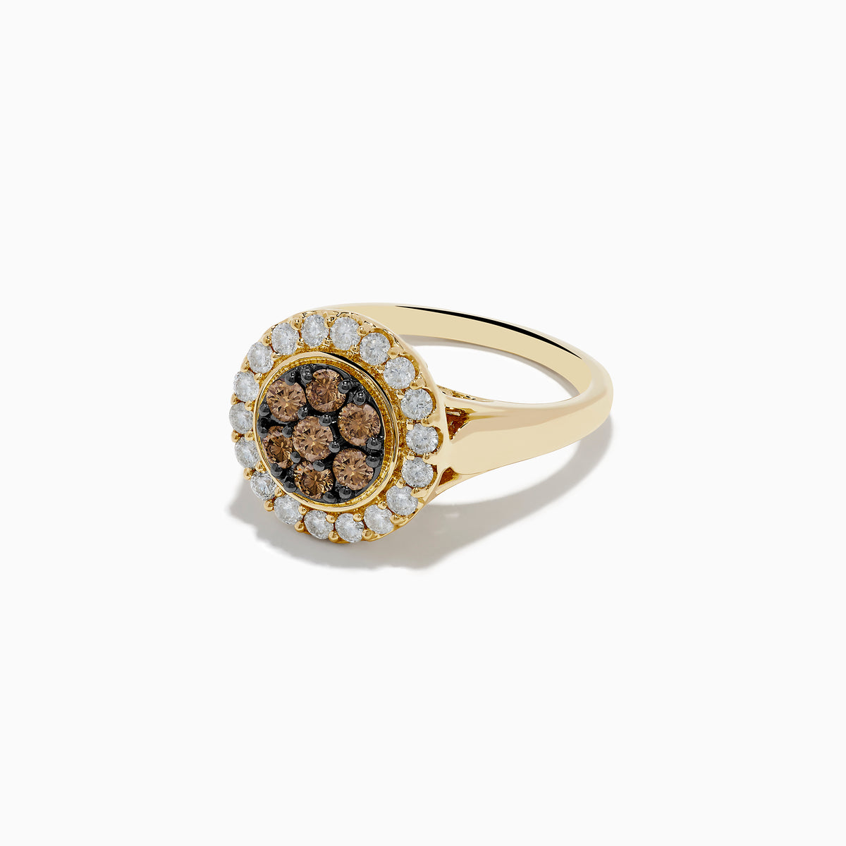 The 14K Yellow Gold Espresso and White Diamond Ring features a round cluster of espresso diamonds encircled by white stones on a plain band—an elegant ring with a unique twist.