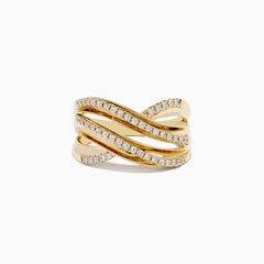 The Doro 14K Yellow Gold Diamond Wavy Band features three overlapping wavy bands in yellow gold, each set with sparkling white diamonds for a layered and elegant look.