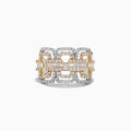 The Duo 14K Two-Tone Gold Diamond Chain Link Ring (0.95 TCW) features an intricate geometric design with multiple rows of sparkling diamonds, creating a bold, chain link look against a classic two-tone gold band.