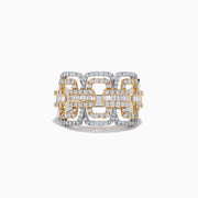 The Duo 14K Two-Tone Gold Diamond Chain Link Ring (0.95 TCW) features an intricate geometric design with multiple rows of sparkling diamonds, creating a bold, chain link look against a classic two-tone gold band.