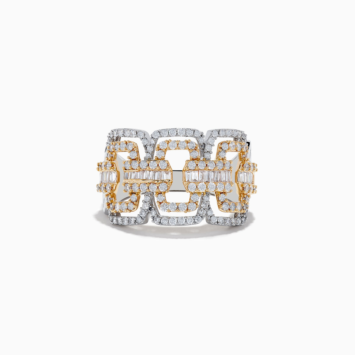 The Duo 14K Two-Tone Gold Diamond Chain Link Ring (0.95 TCW) features an intricate geometric design with multiple rows of sparkling diamonds, creating a bold, chain link look against a classic two-tone gold band.