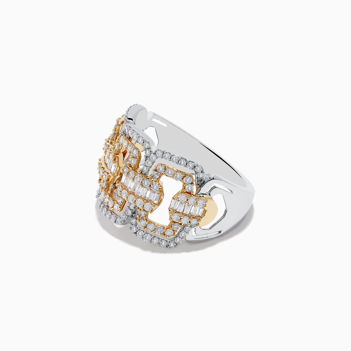 The Duo 14K Two-Tone Gold Diamond Chain Link Ring (0.95 TCW) features an intricate geometric design with multiple rows of sparkling diamonds, creating a bold, chain link look against a classic two-tone gold band.