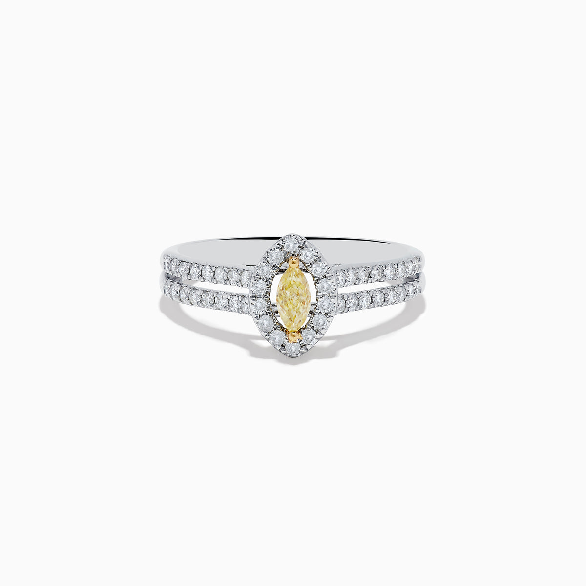 The Canare 18K Two-Tone Gold Marquise Shaped Yellow Diamond Ring showcases a vivid marquise-cut yellow diamond center, accented by a white diamond halo and additional diamonds along its elegant split shank band.