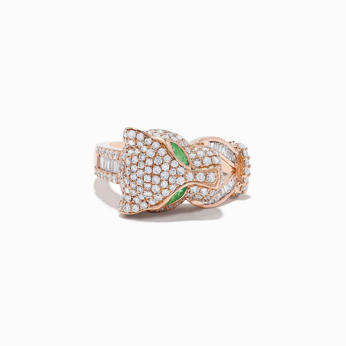 The Signature 14K Rose Gold Emerald and Diamond Panther Ring features a panther’s head with diamond accents, emerald-green gemstone eyes, and two curved diamond-studded bands held in its mouth.