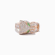 The Signature 14K Rose Gold Emerald and Diamond Panther Ring features a panther’s head with diamond accents, emerald-green gemstone eyes, and two curved diamond-studded bands held in its mouth.