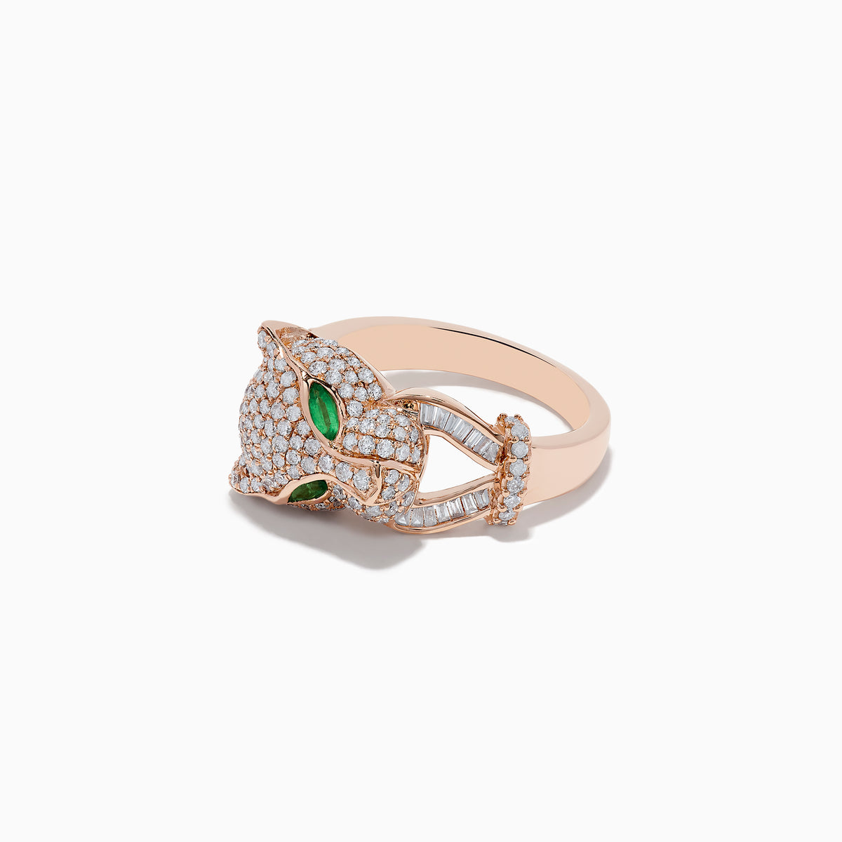 The Signature 14K Rose Gold Emerald and Diamond Panther Ring features a panther’s head with diamond accents, emerald-green gemstone eyes, and two curved diamond-studded bands held in its mouth.