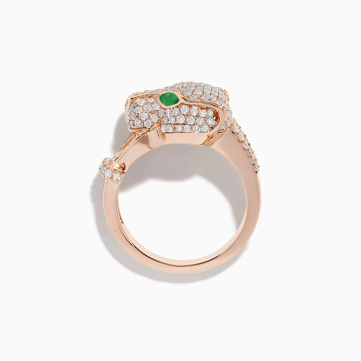 The Signature 14K Rose Gold Emerald and Diamond Panther Ring features a panther’s head with diamond accents, emerald-green gemstone eyes, and two curved diamond-studded bands held in its mouth.