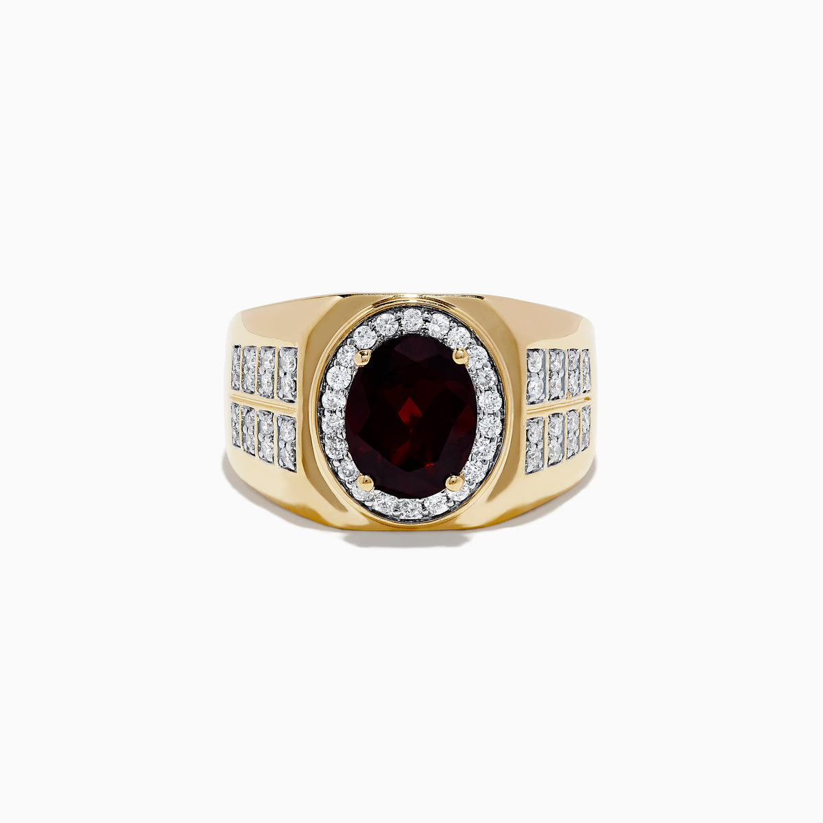 The Mens 14K Yellow Gold Garnet and Diamond Ring features a central oval garnet, haloed by diamonds with rows of clear stones on the wide band—a bold, elegant Effy design.