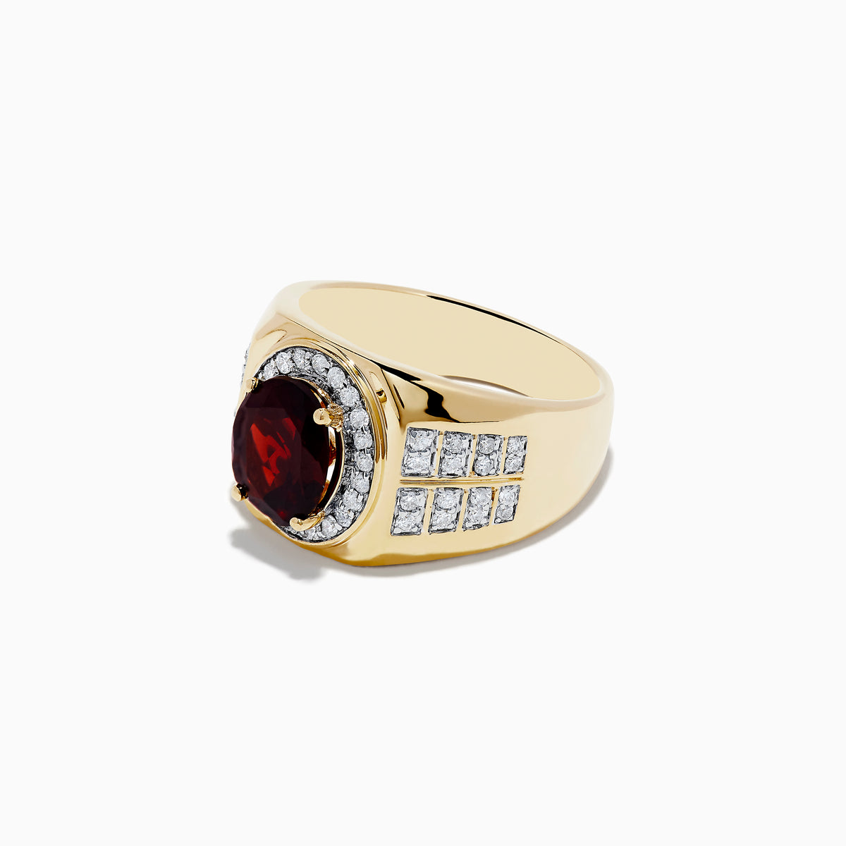 The Mens 14K Yellow Gold Garnet and Diamond Ring features a central oval garnet, haloed by diamonds with rows of clear stones on the wide band—a bold, elegant Effy design.