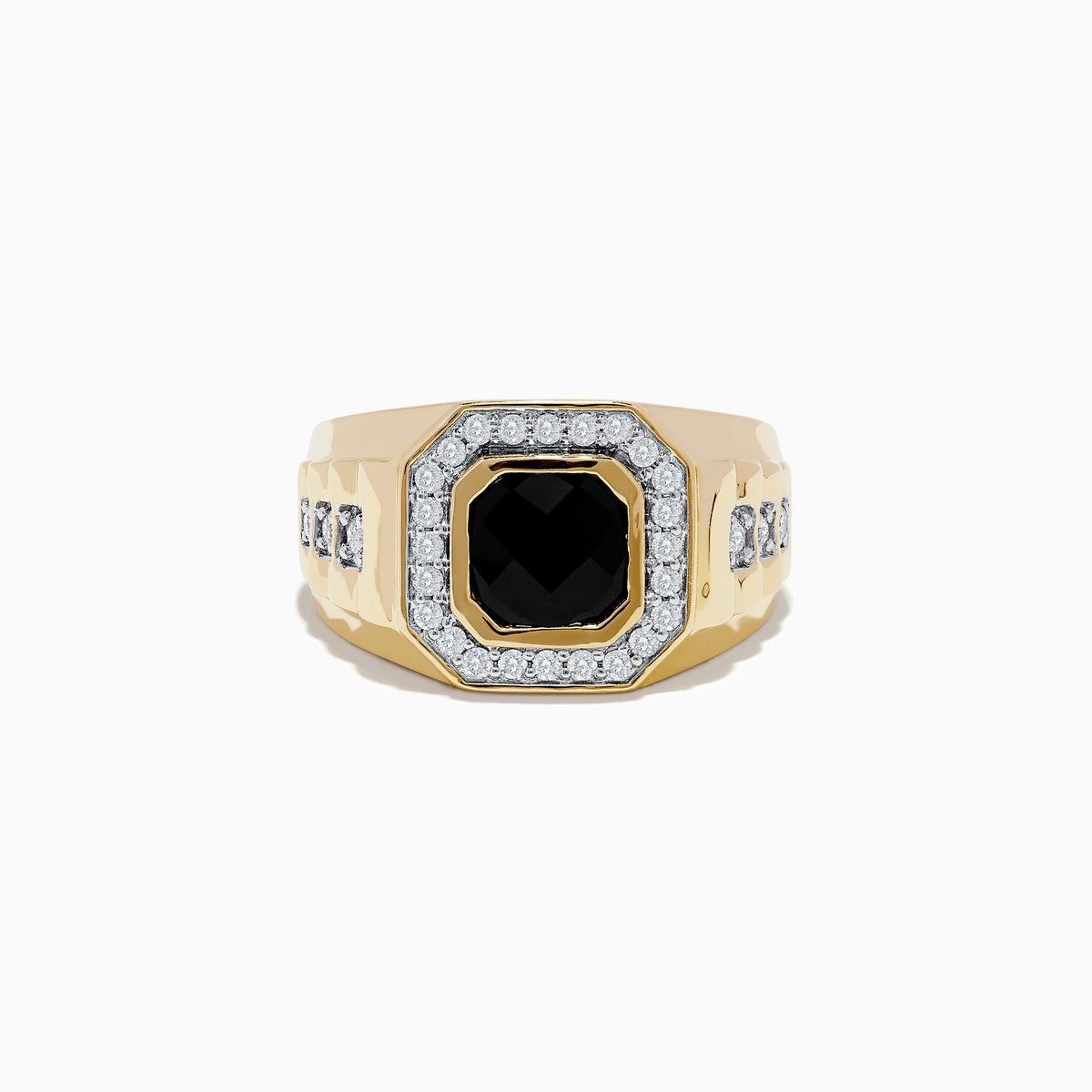 The Mens 14K Yellow Gold Onyx and Diamond Ring features a bold rectangular onyx centerpiece, framed by clear diamonds and accented with additional diamonds on the band for extra brilliance.