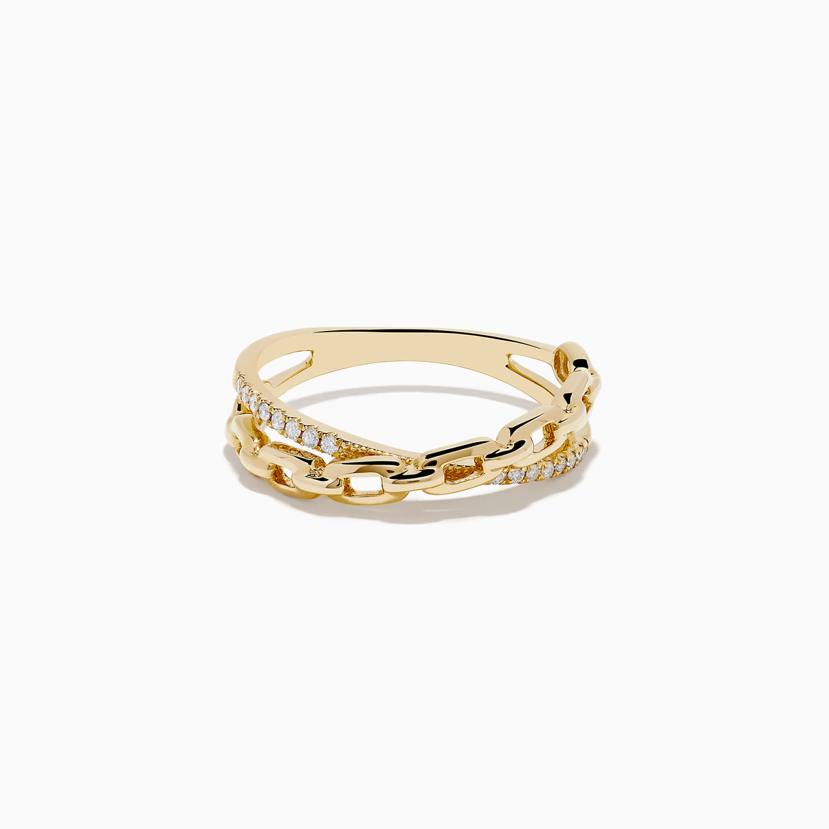 The 14K Yellow Gold Diamond Chain Link Ring showcases a row of sparkling diamonds set in chain links, presented on a white background.