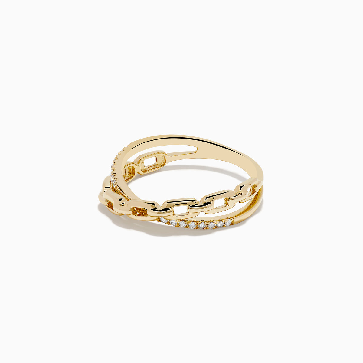 The 14K Yellow Gold Diamond Chain Link Ring showcases a row of sparkling diamonds set in chain links, presented on a white background.