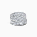 The Classique 14K White Gold Diamond Crossover Ring showcases multiple rows of round and baguette-cut diamonds set in diagonal, intertwining bands for a textured and luxurious look.