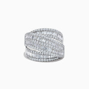 The Classique 14K White Gold Diamond Crossover Ring showcases multiple rows of round and baguette-cut diamonds set in diagonal, intertwining bands for a textured and luxurious look.