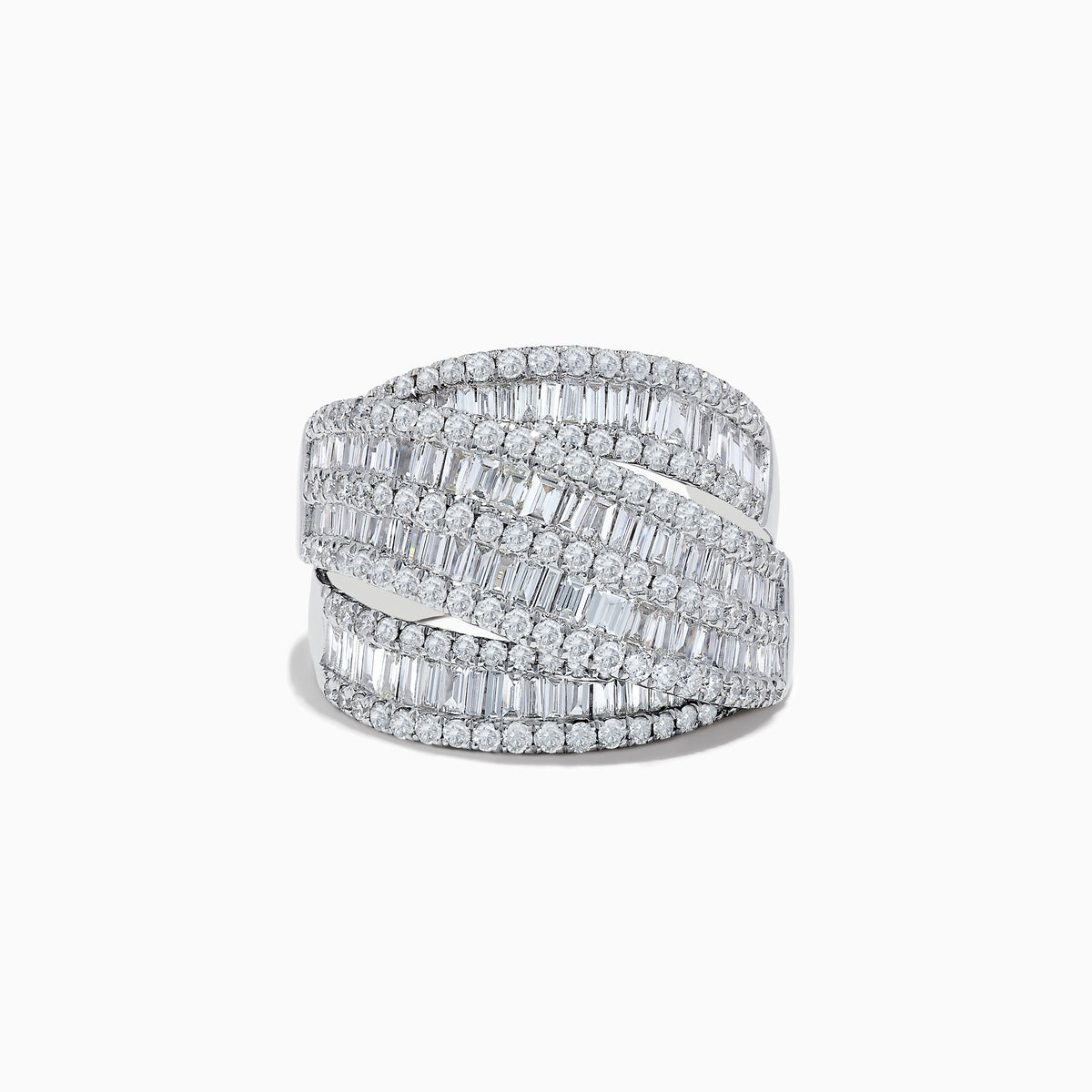 The Classique 14K White Gold Diamond Crossover Ring showcases multiple rows of round and baguette-cut diamonds set in diagonal, intertwining bands for a textured and luxurious look.