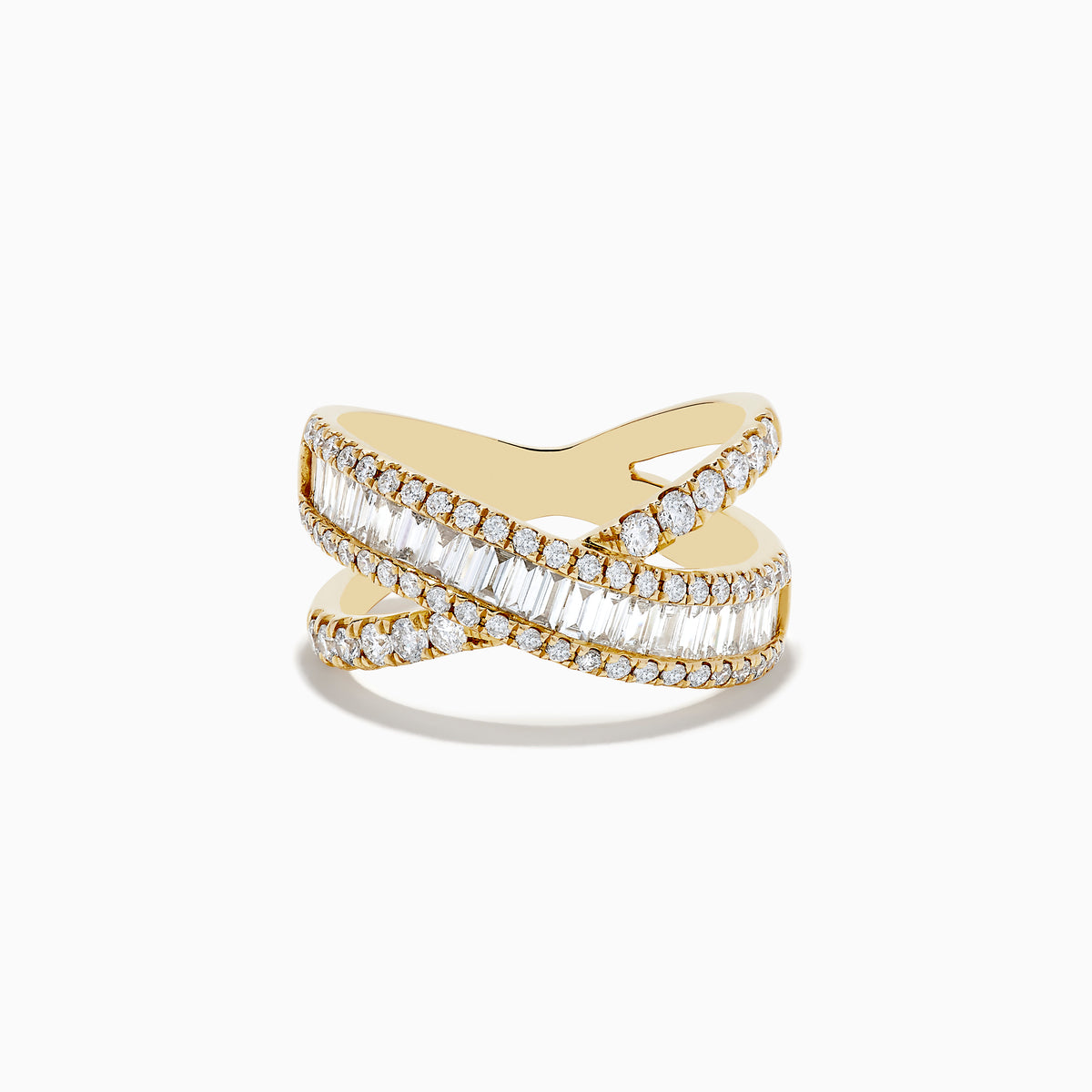 The DOro 14K Yellow Gold Diamond Criss Cross Ring 1.14 TCW showcases two intertwining bands—one set with round diamonds, the other with baguette diamonds—elegantly presented on a white background.