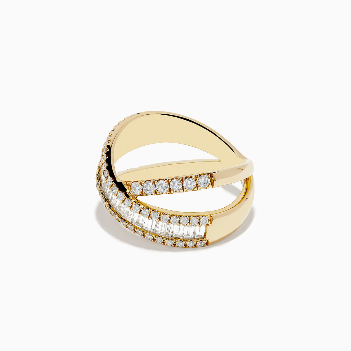 The DOro 14K Yellow Gold Diamond Criss Cross Ring 1.14 TCW showcases two intertwining bands—one set with round diamonds, the other with baguette diamonds—elegantly presented on a white background.