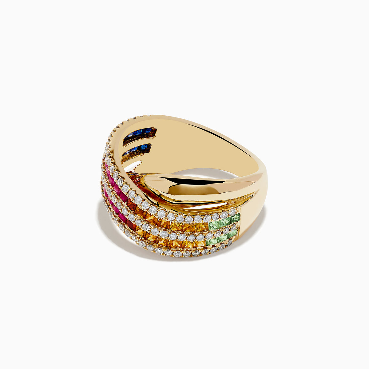 The Watercolors 14K Gold Multi Sapphire and Diamond Crossover ring showcases crisscrossed bands with blue, pink, and orange sapphires bordered by sparkling diamonds, elegantly displayed on a white background.