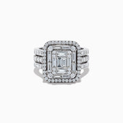 The 14K White Gold Diamond Ring features a rectangular emerald-cut diamond center, two rows of smaller round diamonds, and three diamond-accented bands on each side for a dazzling effect.