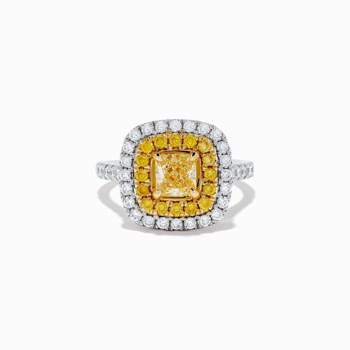 The Canare 14k Two Tone Gold Cushion Cut Double Halo Yellow Diamond Ring (1.86 TCW) features a vibrant yellow diamond centerpiece, framed by a double halo of yellow and white diamonds on a sleek two-tone band.